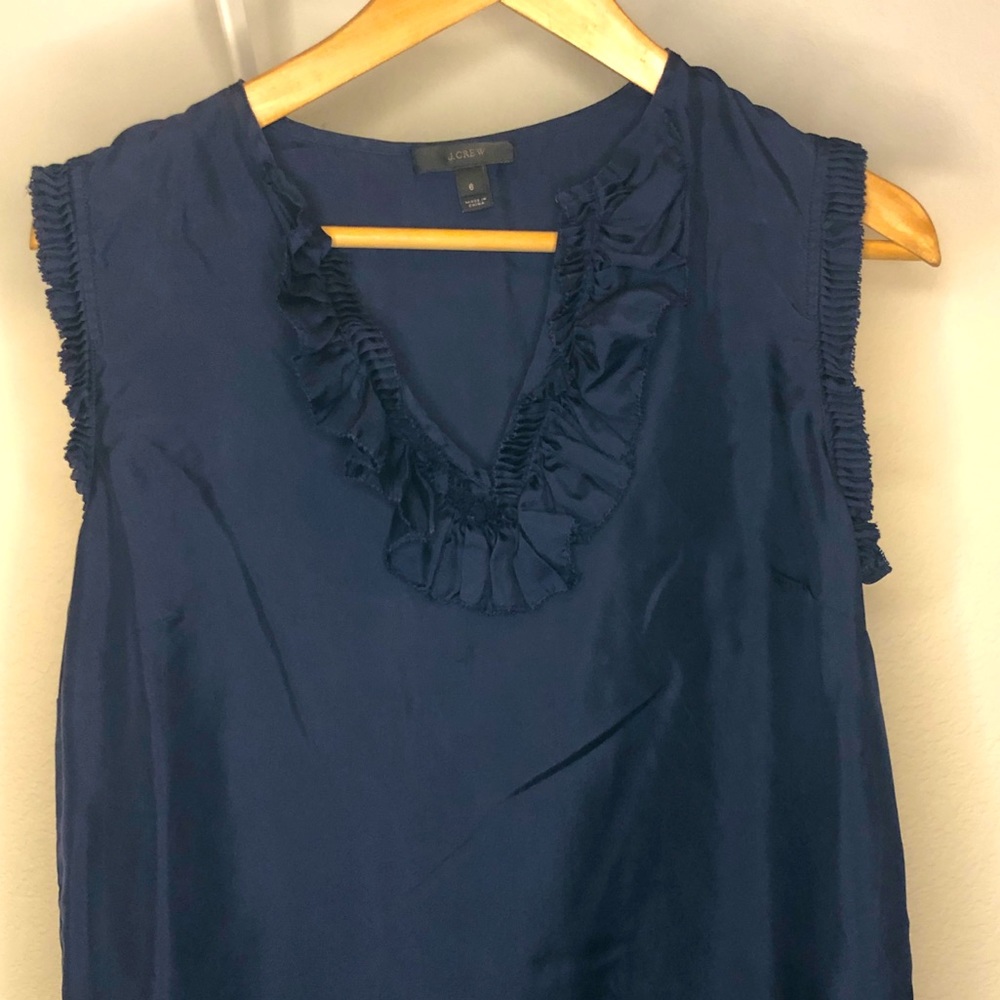 J Crew Navy Ruffle Front Top in Silk
